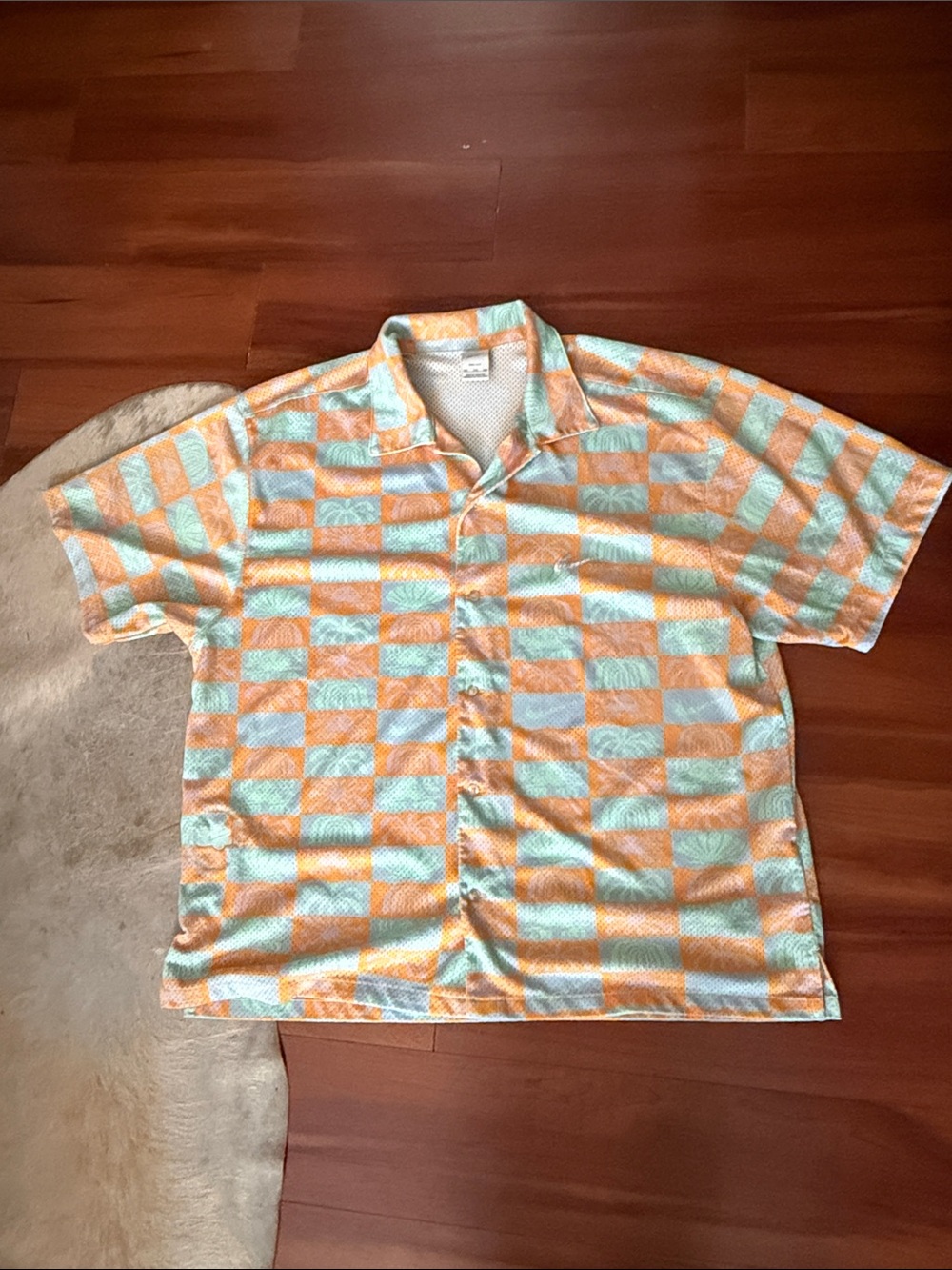 Nike Short-Sleeve Checker Button-Down in Mint Green and Soft Orange Sz XXL